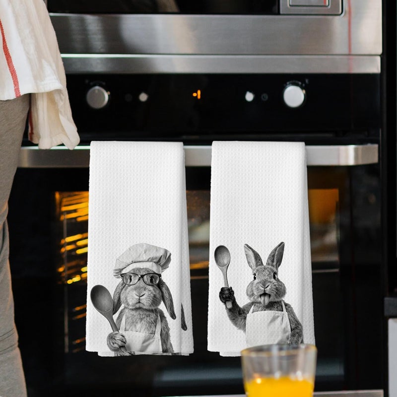 Mcehtle Funny Bunny Kitchen Towels Set of 2, Easter Kitchen Accessories, Rabbit Chef Gift Hand Towel, Gifts for Bunny Lovers Women, Dining Room Decorative Tea Towel Dish Towels 16x24 Inch - Image 2